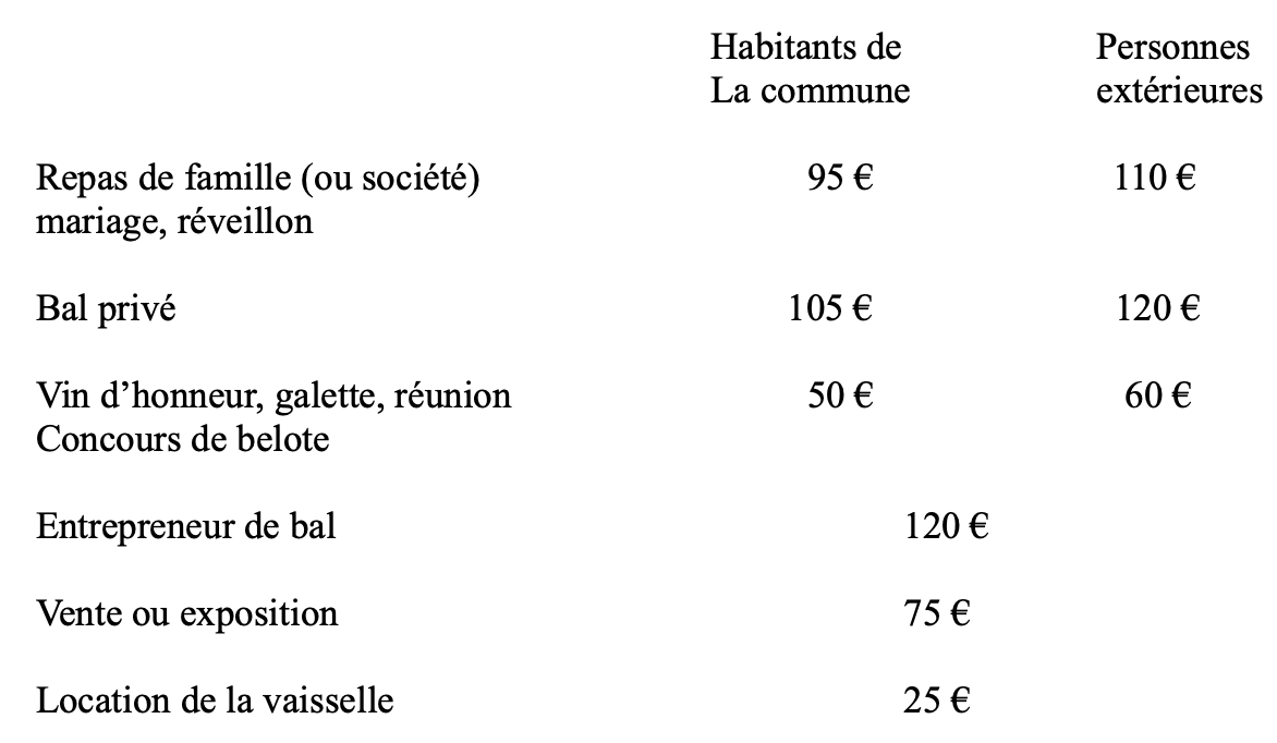 TARIF DE LOCATION DE LA SALLE DES FETES DE PREAUX - Au 1er janvier 2025